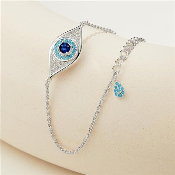 Evil Eye Bracelet | Turquoise & Zirconia Protection Charm - Picture 2 of 3
